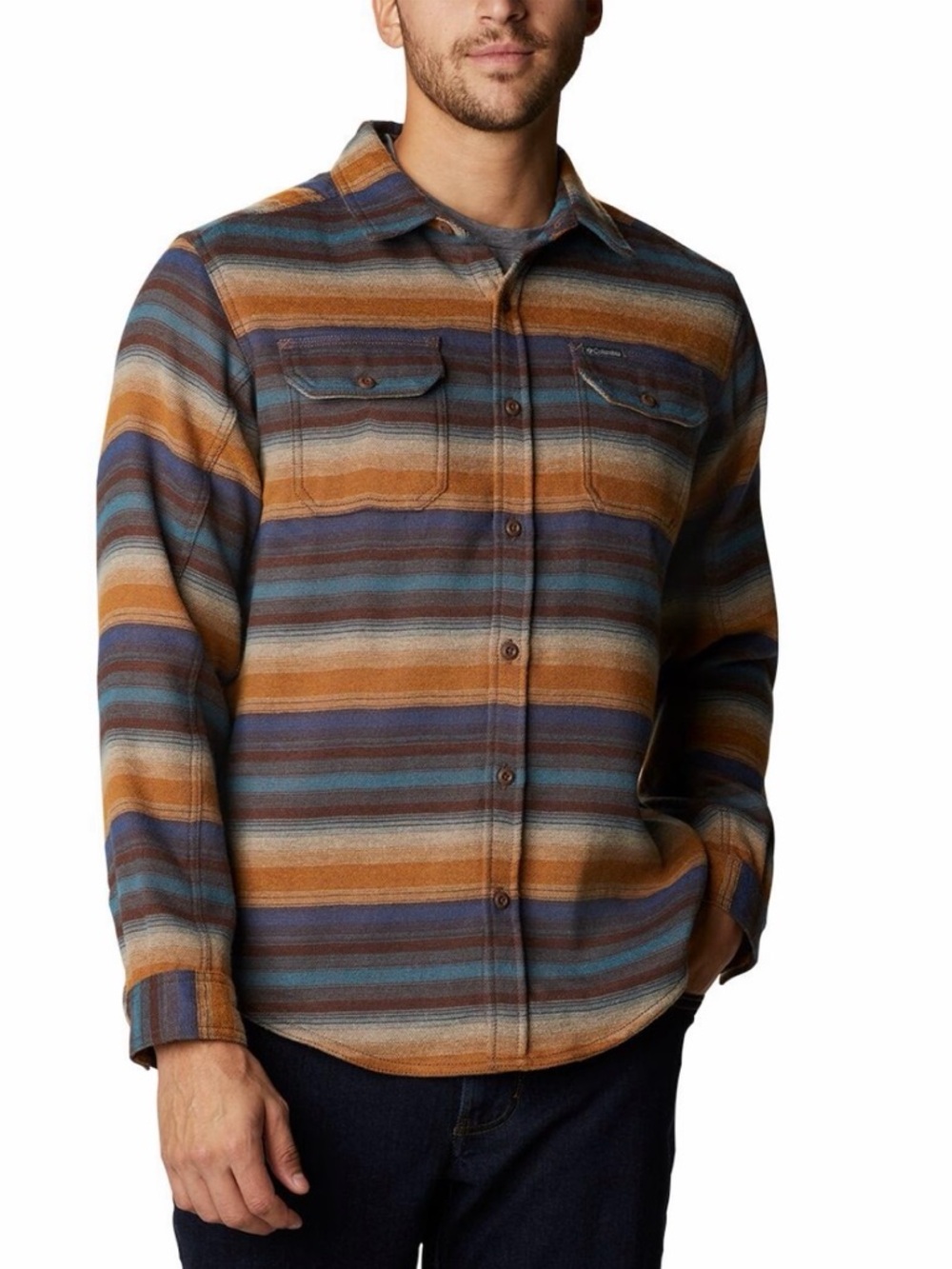 Columbia Striped Button-Front Shirt Jacket in Blue and Brown